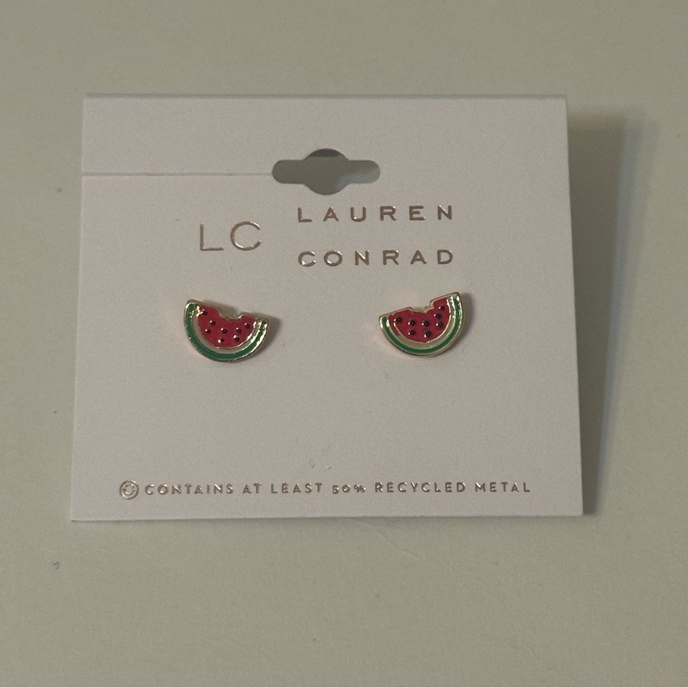 LC Lauren Conrad Women Gold Plated Enamel Red Watermelon Slice Stud Earrings NEW
